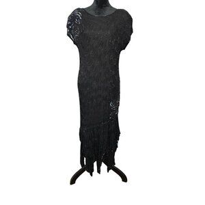 O.R Silk Vintage Beaded Sequin Cocktail Maxi Black Dress